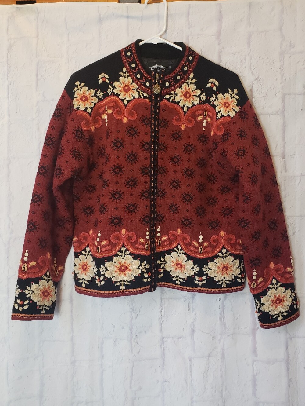 VINTAGE ICELANDIC DESIGN Wool-Blend Floral Zip-Up Cardigan Nordic Sweater Med